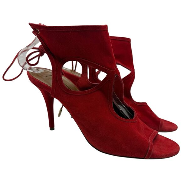 Aquazzura Red Sexy Thing Cutout Ankle-Wrap Bootie Heels Sandals Size 39.5 - Picture 1 of 8